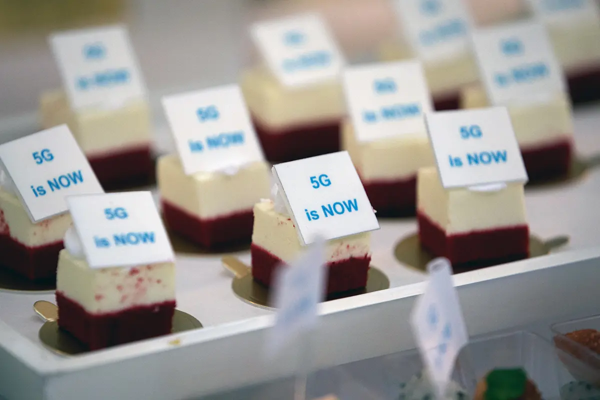 A "5G is Now" sign sits on food served at a Huawei Technologies Co. event to unveil the "Balong 5000" chip for 5G devices in Beijing, China, on Thursday, Jan. 24, 2019. Huawei unveiled the "Balong 5000" chip, the worlds first intended for use in 5G devices. Photographer: Giulia Marchi/Bloomberg via Getty Images