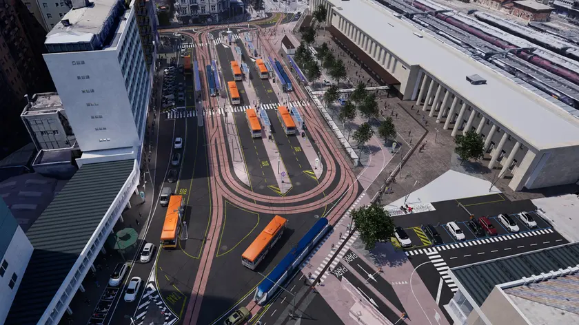 il rendering del tram davanti alla stazione