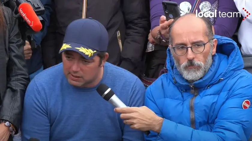 Da sinistra, il portuale Stefano Puzzer e il medico vicentino Dario Giacomini il 19 ottobre a Trieste