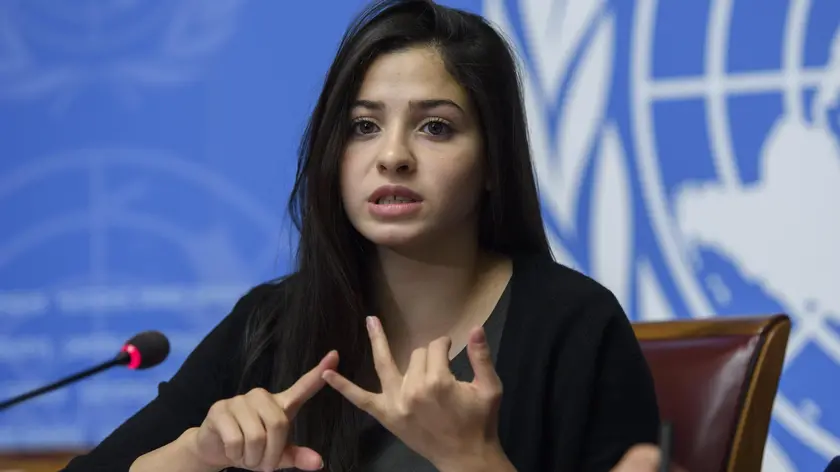 epa05930518 Yusra Mardini, UNHCRs Goodwill Ambassador, speaks to the media about the Appointment of Syrian refugee and Olympic athlete Yusra Mardini as UNHCRs Goodwill Ambassador during a press conference, at the European headquarters of the United Nations in Geneva, Switzerland, 27 April 2017. EPA/MARTIAL TREZZINI
