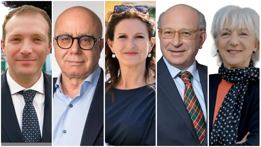 Da sinistra i candidati Marco Destro, Mariano Fuschi, Giovanna Rossi, Claudio Piron e Ornella Sabbion