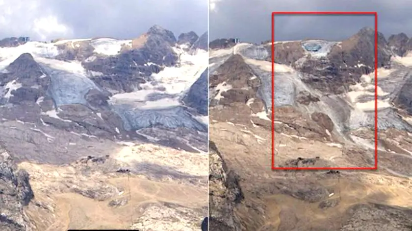 Il frame tratto dal profilo Twitter McGyver79 mostra la Marmolada, prima e dopo il crollo di un enorme seracco, Trento, 3 Luglio 2022. TWITTER/MCGYVER79 +++ATTENZIONE LA FOTO NON PUO' ESSERE PUBBLICATA O RIPRODOTTA SENZA L'AUTORIZZAZIONE DELLA FONTE DI ORIGINE CUI SI RINVIA+++ +++NO SALES; NO ARCHIVE; EDITORIAL USE ONLY+++