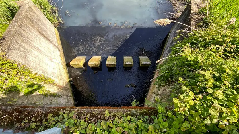 Lo scolo Desturo e la colorazione nerastra assunta, prima dell’intervento dei tecnici consortili che hanno diluito l’acqua