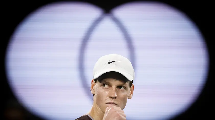 epa11756207 Jannik Sinner of Italy celebrates a point during his Men's Singles final match against Daniil Medvedev of Russia at the 2024 Australian Open tennis tournament, in Melbourne, Australia, 28 January 2024. EPA/MAST IRHAM