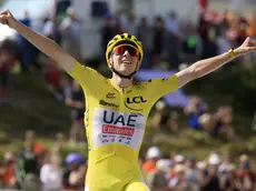 epaselect epa11477709 Yellow jersey Slovenian rider Tadej Pogacar of UAE Team Emirates celebrates as he crosses the finish line to win the 15th stage of the 2024 Tour de France cycling race over 197km from Loudenvielle to Plateau de Beille, France, 14 July 2024. EPA/GUILLAUME HORCAJUELO