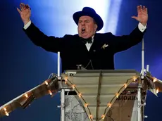Actor Timothy Spall portrays Winston Churchill as he delivers a speech during the Closing Ceremony at the 2012 Summer Olympics, Sunday, Aug. 12, 2012, in London. (AP Photo/Matt Dunham)