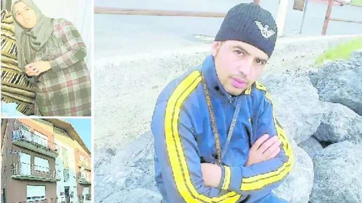 Dall’alto in senso orario la vittima Aycha El Aboui, il marito omicida Abdfelfettah Jennati e il condominio dove la coppia viveva
