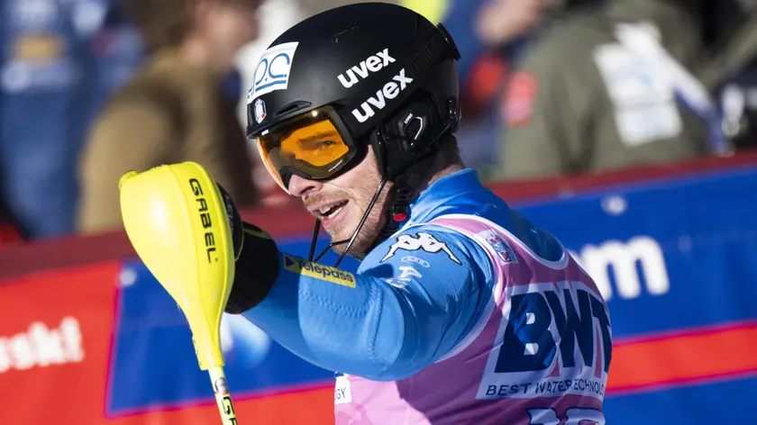 epa09689196 Giuliano Razzoli of Italy reacts after the second run of the men's slalom race at the FIS Alpine Skiing Ski World Cup in Wengen, Switzerland, 16 January 2022. EPA/MARCEL BIERI
